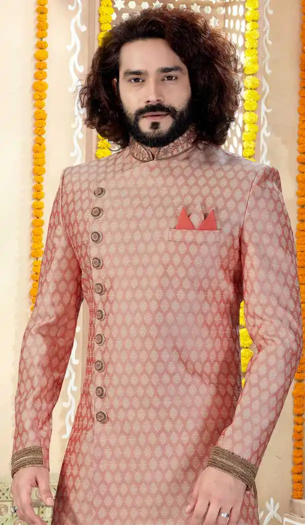 Peach Color Banarasi Jacquard Designer Indo Western Readymade Sherwani -731890625