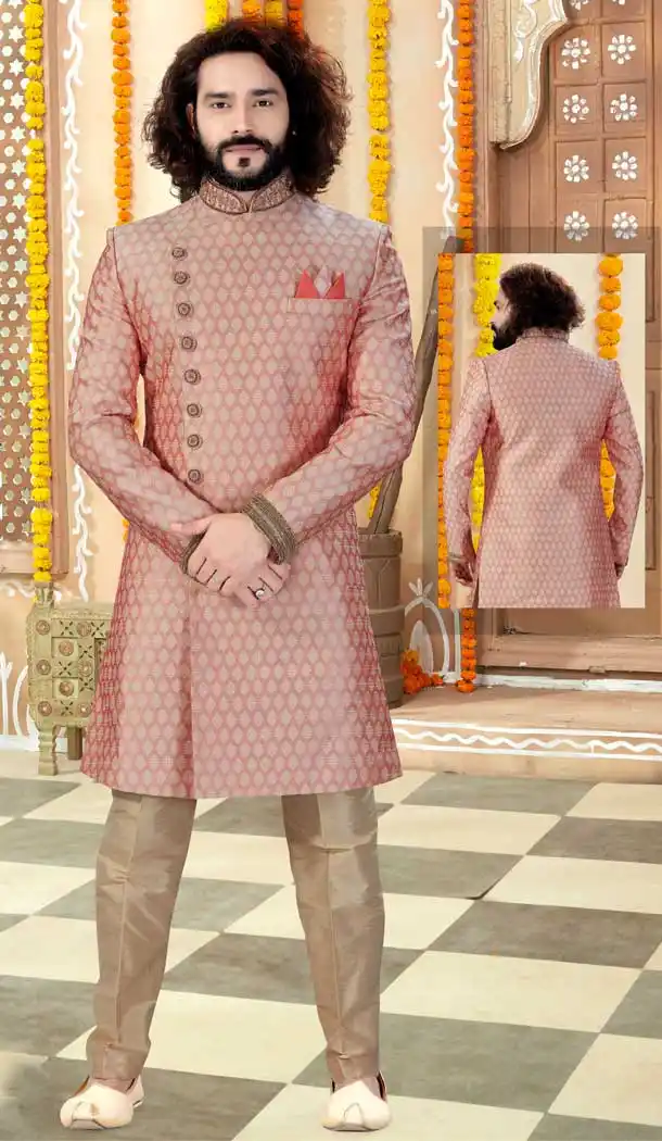 Peach Color Banarasi Jacquard Designer Indo Western Readymade Sherwani -731890625
