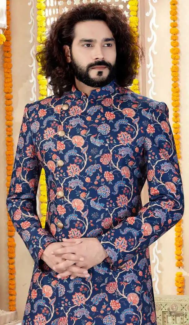 Navy Blue Color Printed Silk Designer Indo Western Readymade Sherwani -731890626