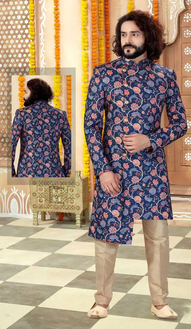 Navy Blue Color Printed Silk Designer Indo Western Readymade Sherwani -731890626