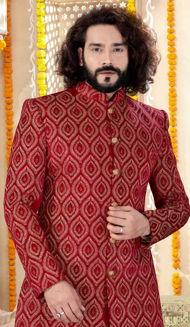 Gold Red Color Art Silk Designer Indo Western Readymade Sherwani -731890628