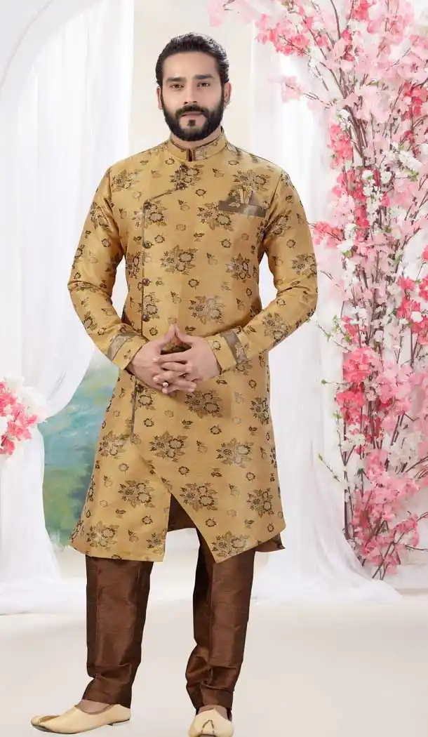 Gold Color Jacquard Designer Men Indowesturn Plus Size Sherwani -731990629