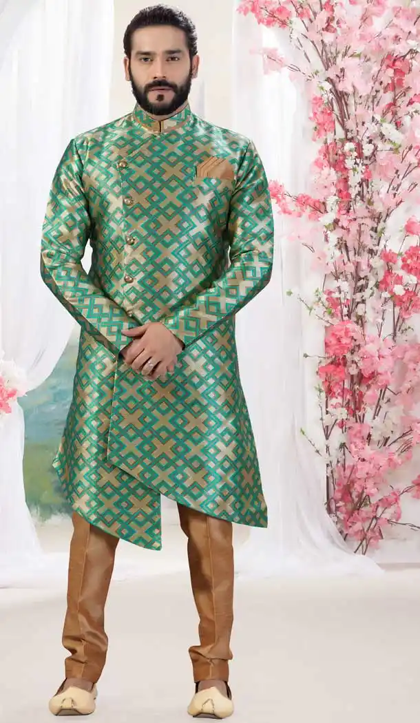 Green Gold Color Jacquard Designer Men Indowesturn Plus Size Sherwani -731990630