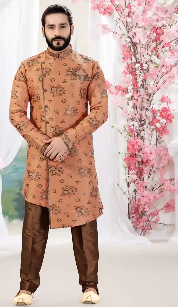 Peach Color Jacquard Designer Men Indowesturn Plus Size Sherwani -731990632
