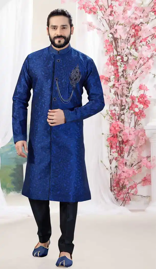 Royal Blue Color Jacquard Designer Men Indowesturn Plus Size Sherwani -731990633