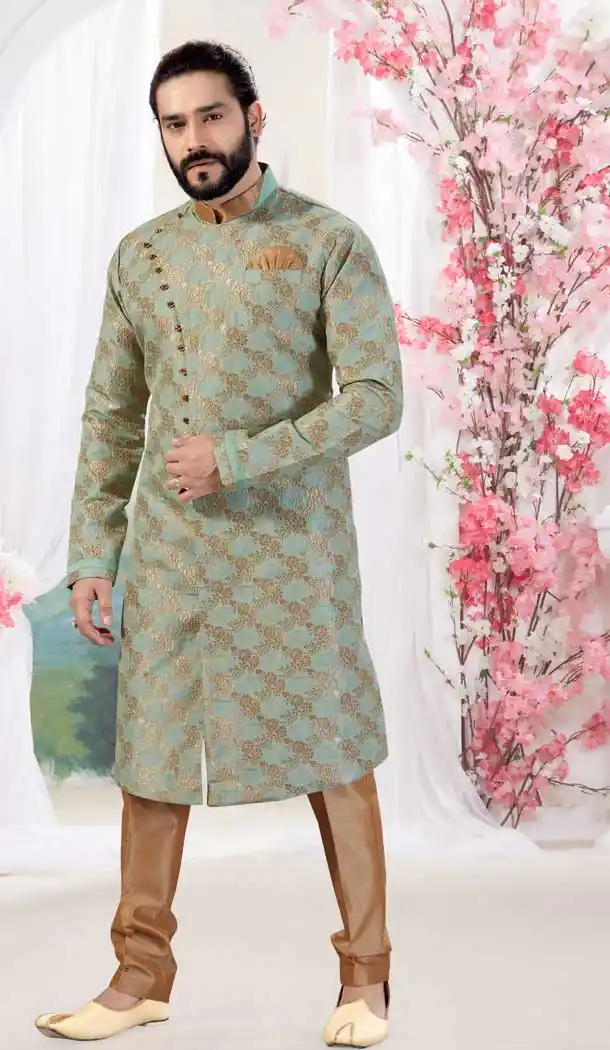 Pista Green Color Jacquard Designer Men Indowesturn Plus Size Sherwani -731990635
