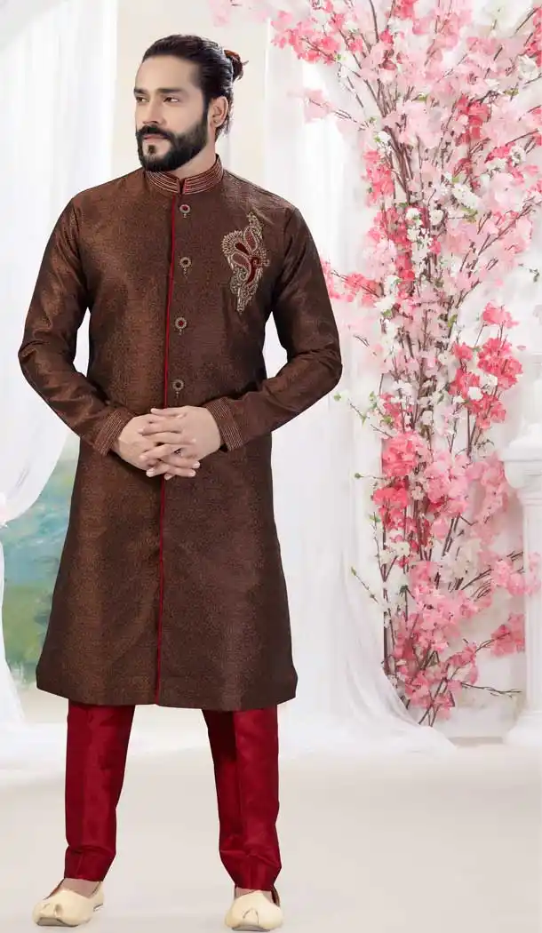 Coffee Brown Color Jacquard Designer Men Indowesturn Plus Size Sherwani -731990636