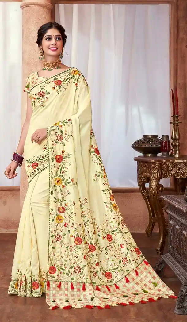 Cream Colour Poly Silk Designer Party Wear Indian Saree Blouse -733190823