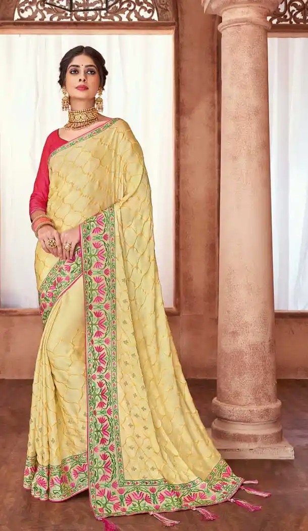 Light Yellow Colour Poly Silk Designer Party Wear Indian Saree Blouse -733190827