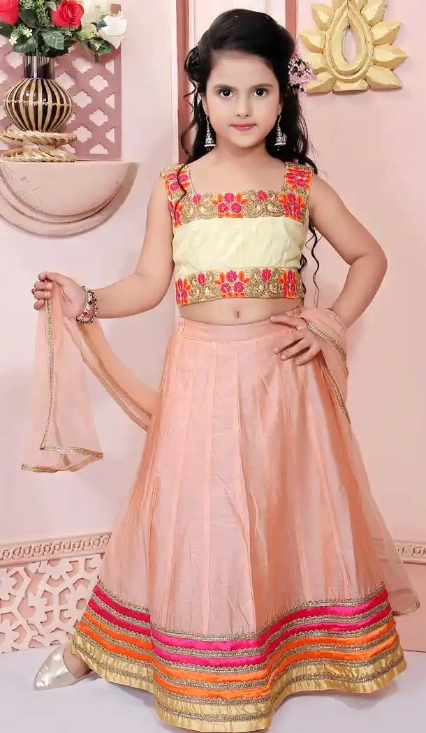 Cream Color Chanderi Silk Designer Kids Girl Lehenga Choli -733290834