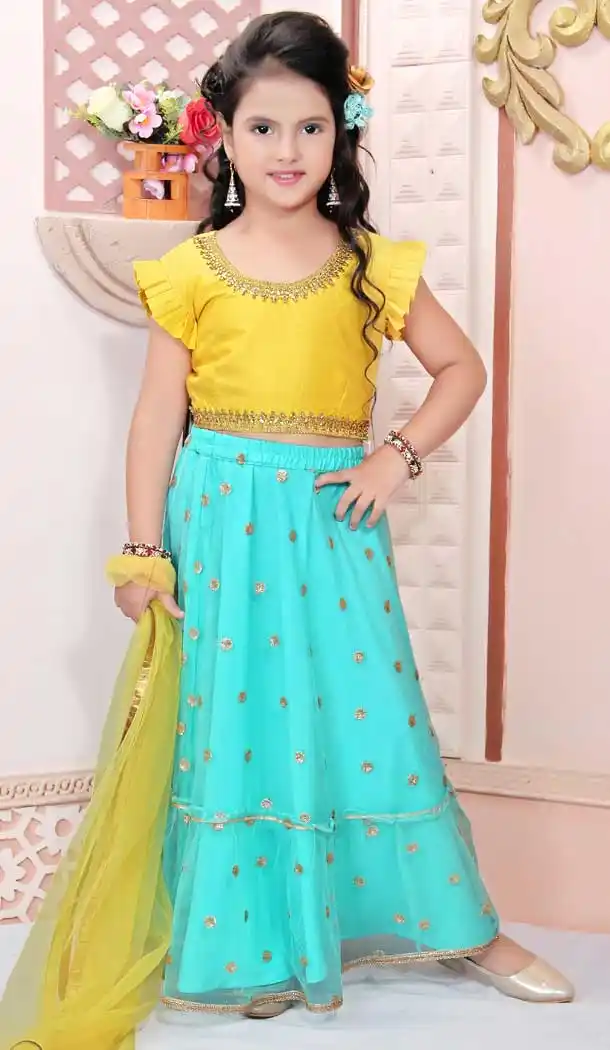 Yellow Color Cotton Silk Designer Kids Girl Lehenga Choli -733290836