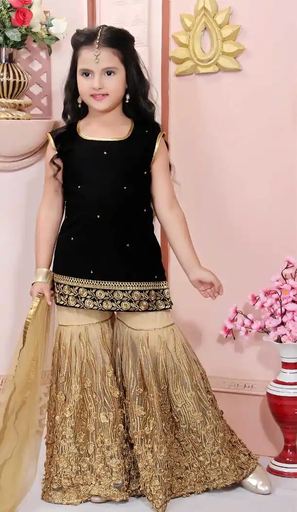 Black Color Cotton Silk Designer Kids Girl Readymade Sharara Suit -733290838