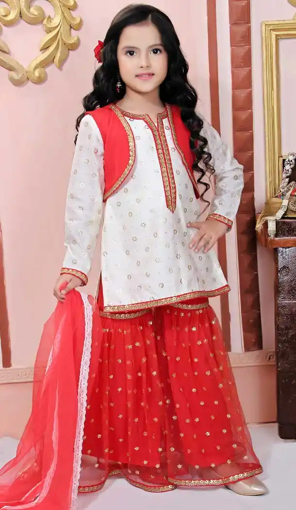 White Color Chanderi Silk Designer Kids Girl Readymade Sharara Suit -733290839