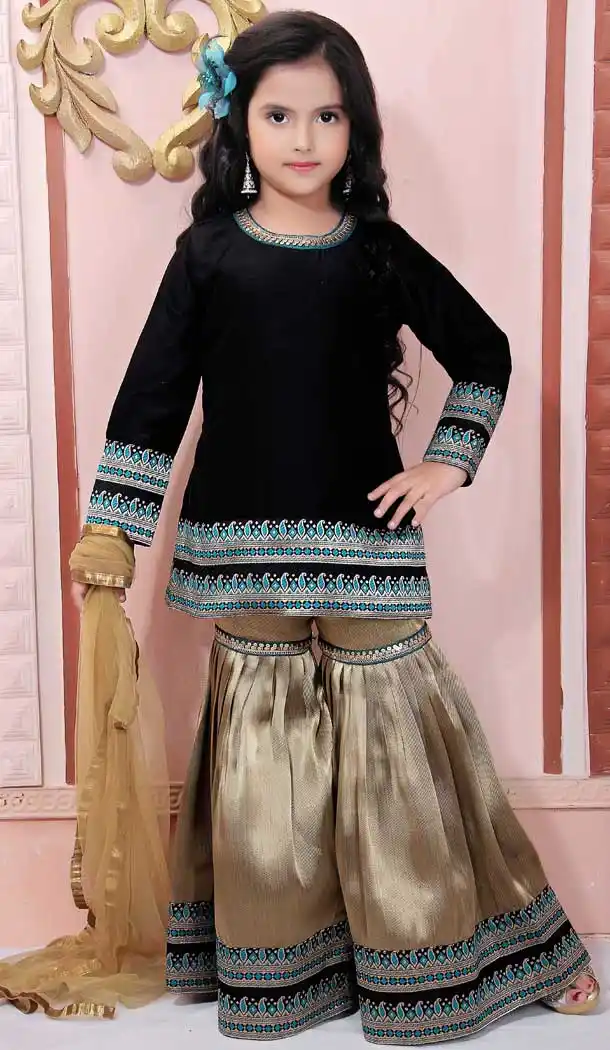 Black Color Muslin Designer Kids Girl Readymade Sharara Suit -733290840