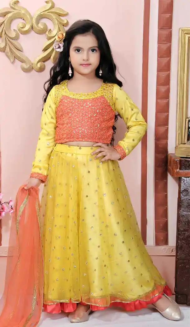 Orange Color Net Designer Kids Girl Lehenga Choli -733290844