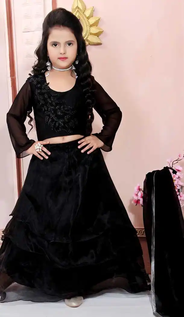 Black Color Organza Designer Kids Girl Lehenga Choli -733290847