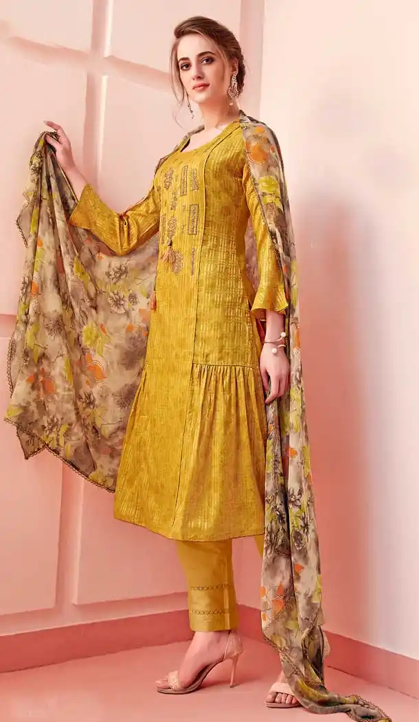 Yellow Color Pure Cotton Casual Wear Plus Size Salwar Kameez -733390849