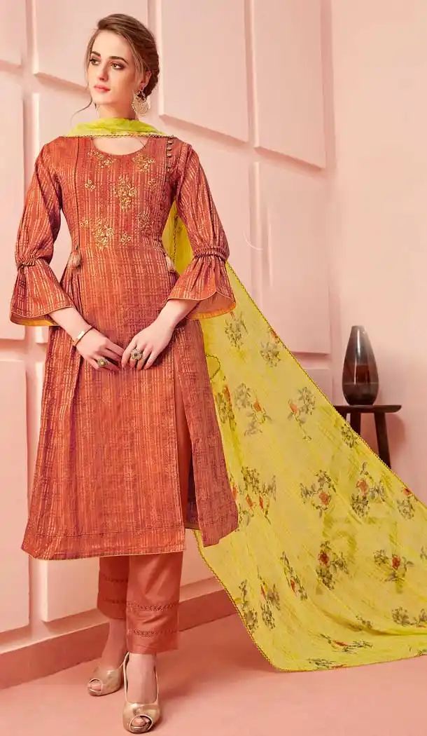 Dark Orange Color Pure Cotton Casual Wear Plus Size Salwar Kameez -733390851