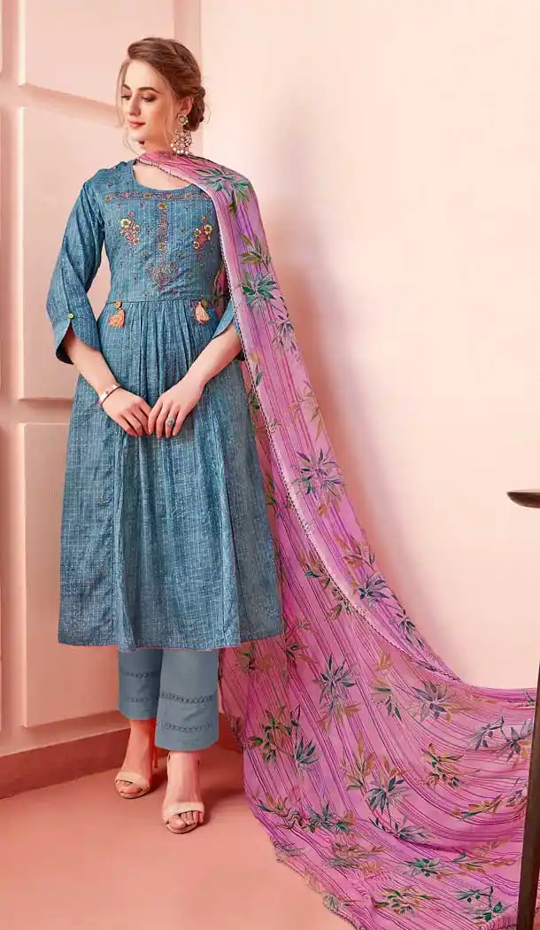 Blue Color Pure Cotton Casual Wear Plus Size Salwar Kameez -733390852