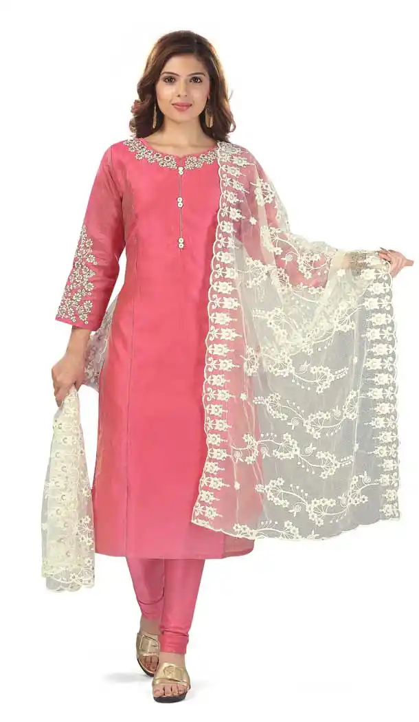 Stunning Pink Color Chanderi Silk Designer Plus Size Readymade Salwar Kameez -733990928