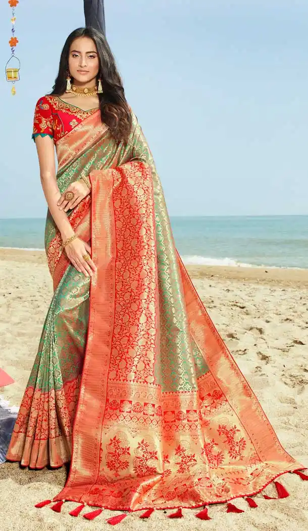 Green Red Color Pure Silk Jacquard Designer Traditional Wear Saree -734290951