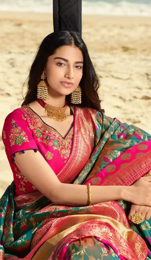 Sea Green Pink Color Pure Silk Jacquard Designer Traditional Wear Saree -734290953