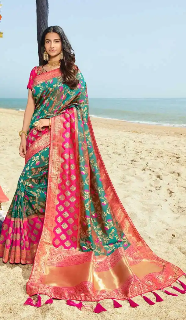 Sea Green Pink Color Pure Silk Jacquard Designer Traditional Wear Saree -734290953