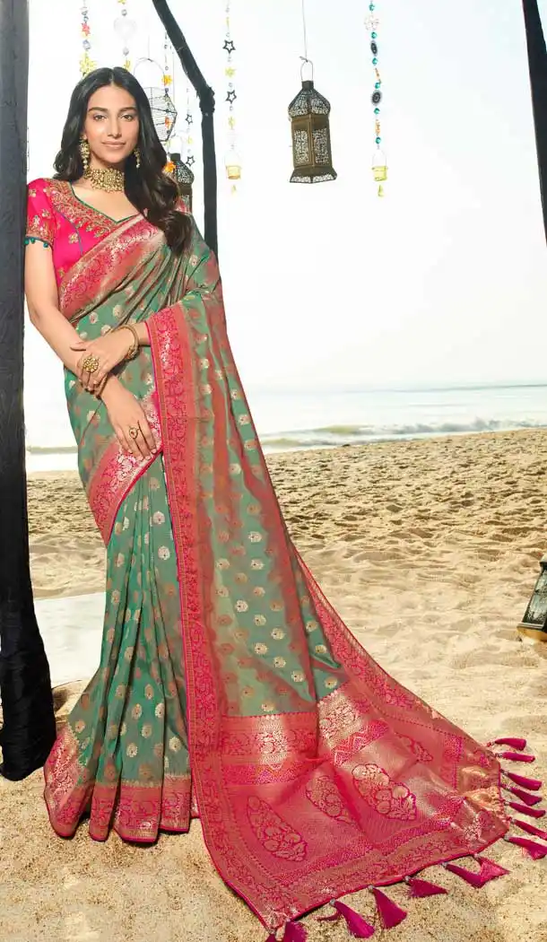 Ethnic Green Color Pure Silk Jacquard Designer Traditional Wear Saree -734290956