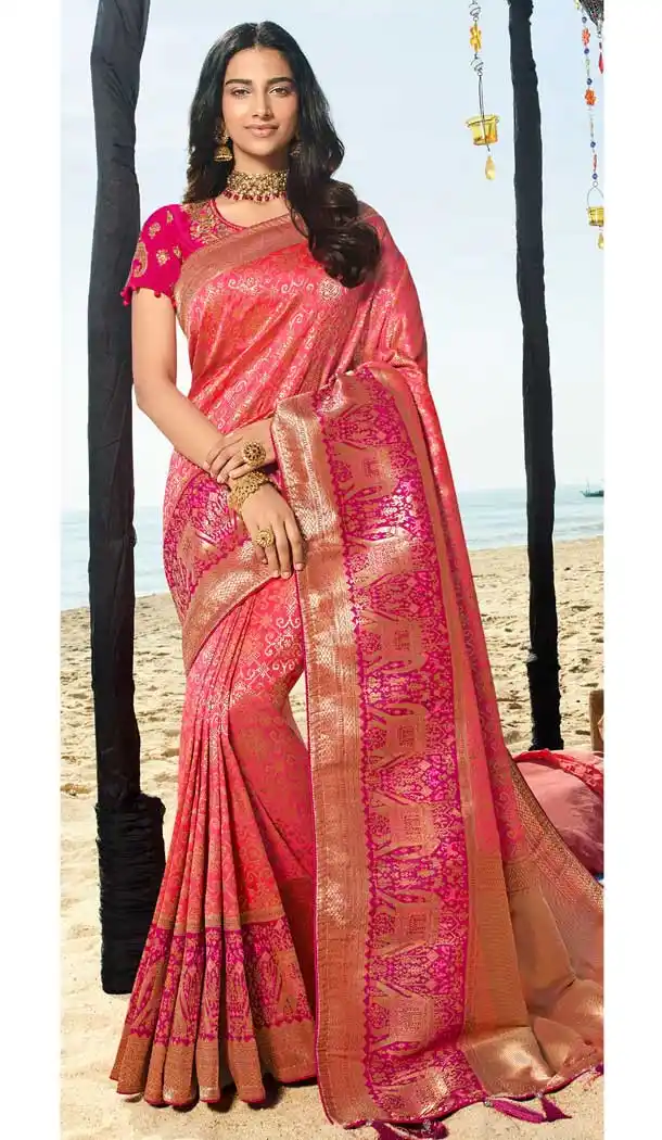 Stunning Peach Color Pure Silk Jacquard Designer Traditional Wear Saree -734290958