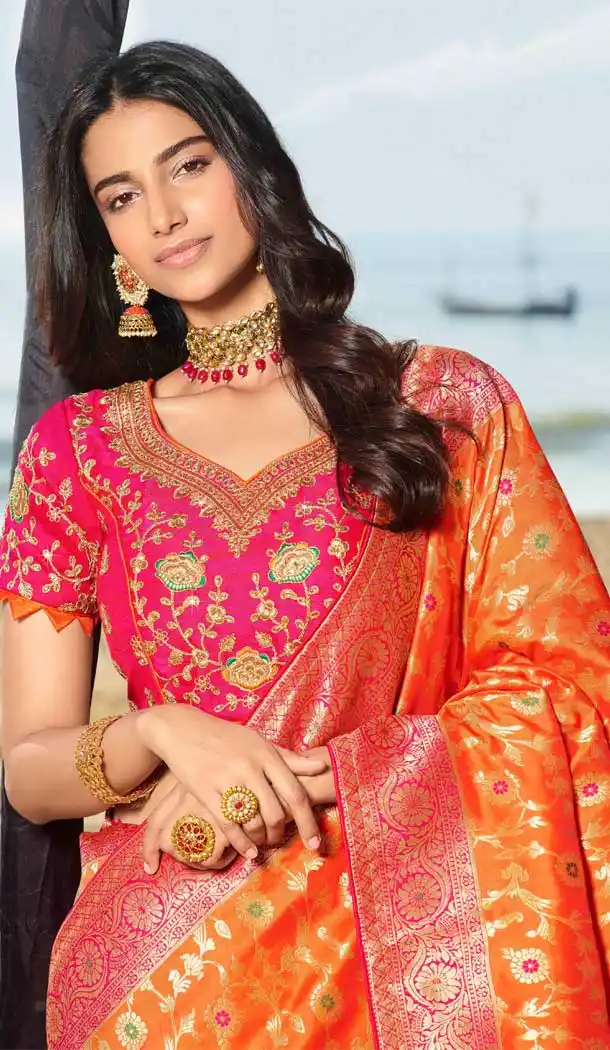 Orange Color Pure Silk Jacquard Designer Traditional Wear Saree -734290959