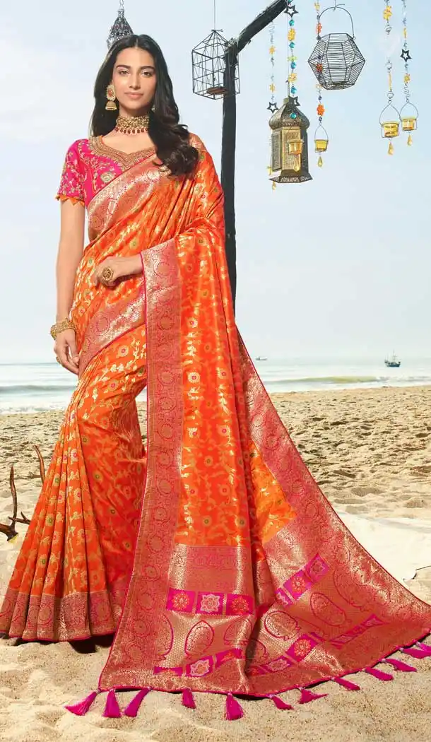 Orange Color Pure Silk Jacquard Designer Traditional Wear Saree -734290959