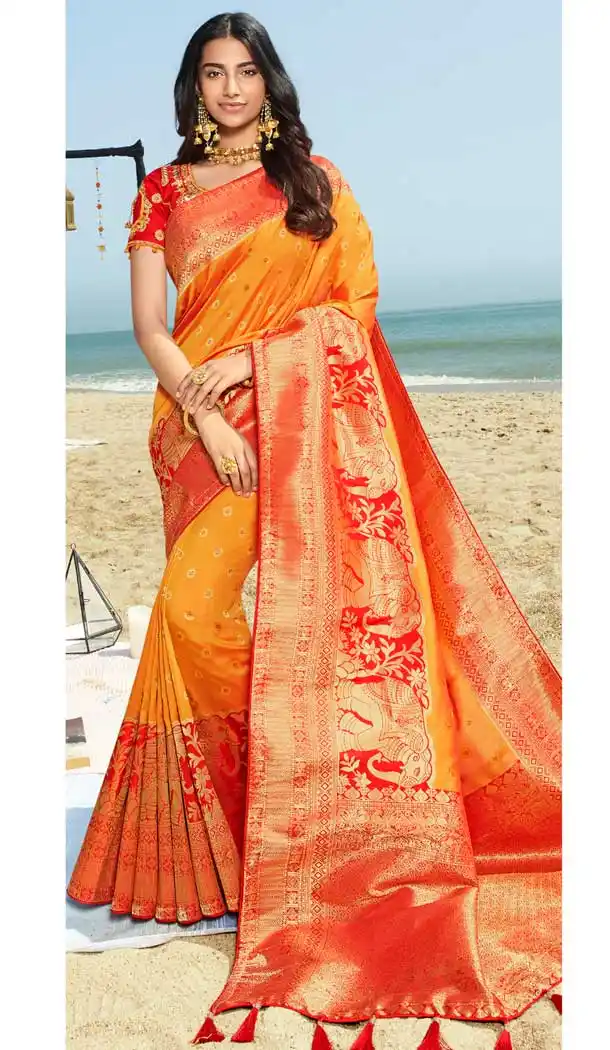 Orange Color Pure Silk Jacquard Designer Traditional Wear Saree -734290962