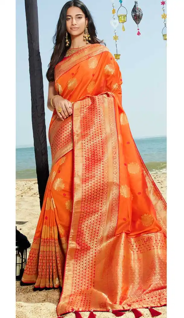 Orange Color Pure Silk Jacquard Designer Traditional Wear Saree -734290964