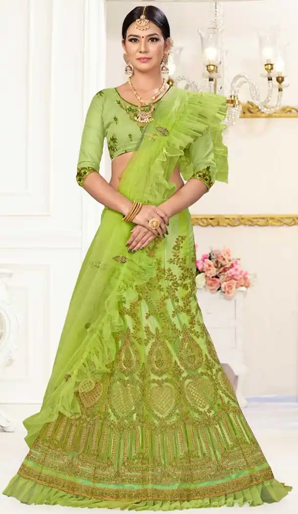 Pista Green Color Net Embroidery Party Wear Lehenga Choli -734891026