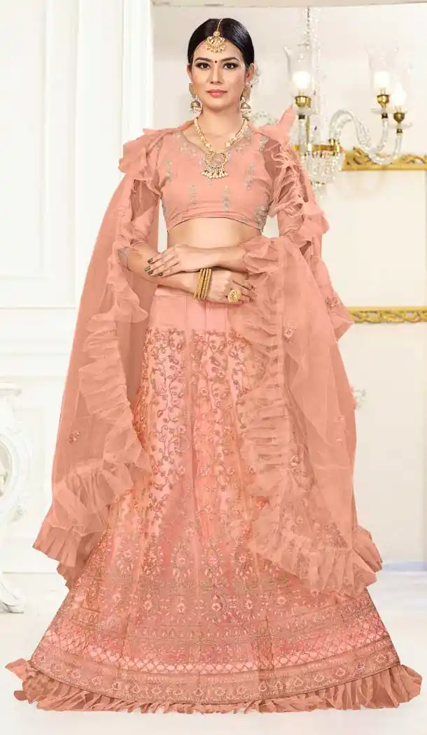 Peach Color Net Embroidery Party Wear Lehenga Choli -734891027