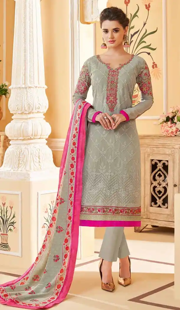 Grey Color Heavy foux Georgette Casual Wear Readymade Suit -736091115