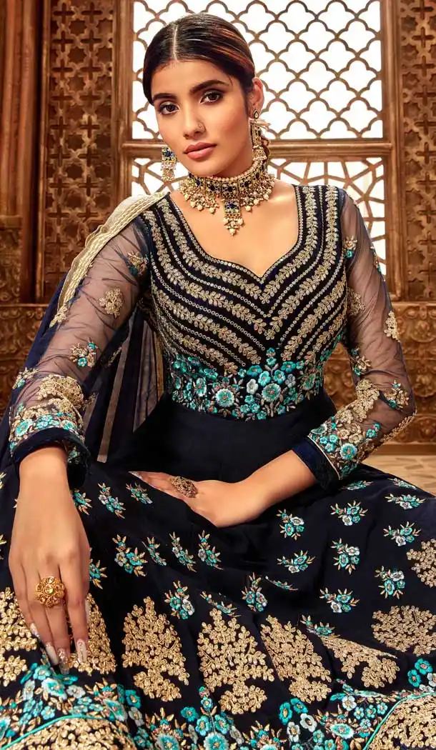 Navy Blue Color Pure Georgette Designer Long Anarkali Salwar Kameez -736291128