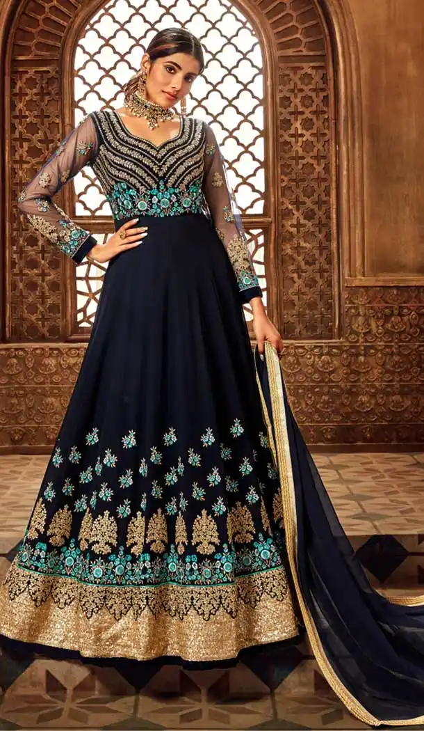 Navy Blue Color Pure Georgette Designer Long Anarkali Salwar Kameez -736291128