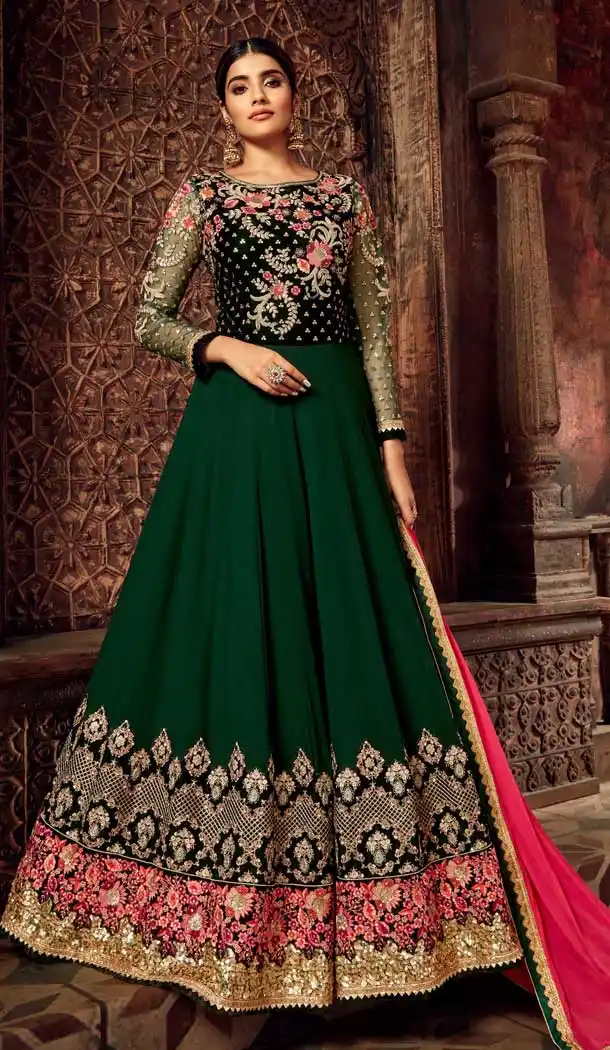 Green Color Pure Georgette Designer Long Anarkali Salwar Kameez -736291130