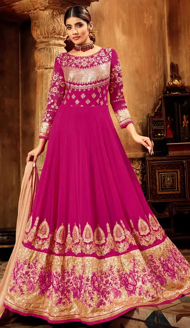 Rani Pink Color Pure Georgette Designer Long Anarkali Salwar Kameez -736291131