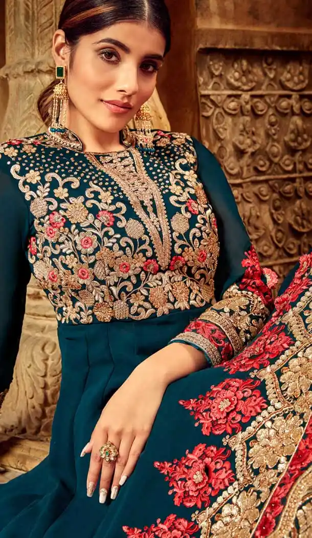 Teal Blue Color Pure Georgette Designer Long Anarkali Salwar Kameez -736291132