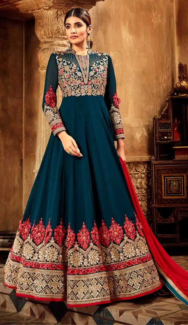 Teal Blue Color Pure Georgette Designer Long Anarkali Salwar Kameez -736291132
