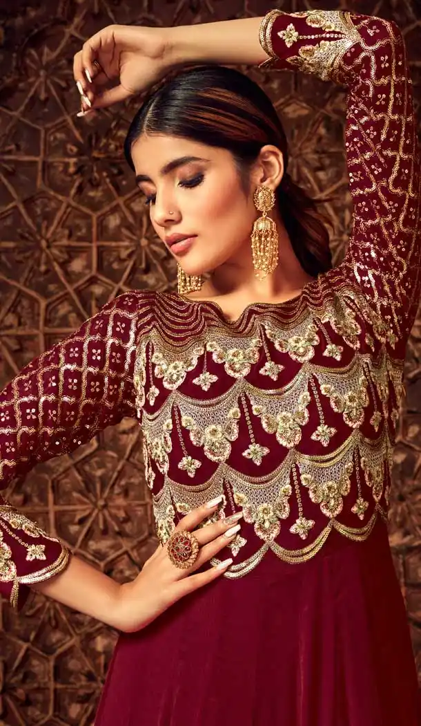 Maroon Color Pure Georgette Designer Long Anarkali Salwar Kameez -736291133