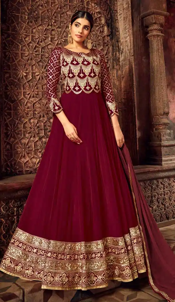 Maroon Color Pure Georgette Designer Long Anarkali Salwar Kameez -736291133