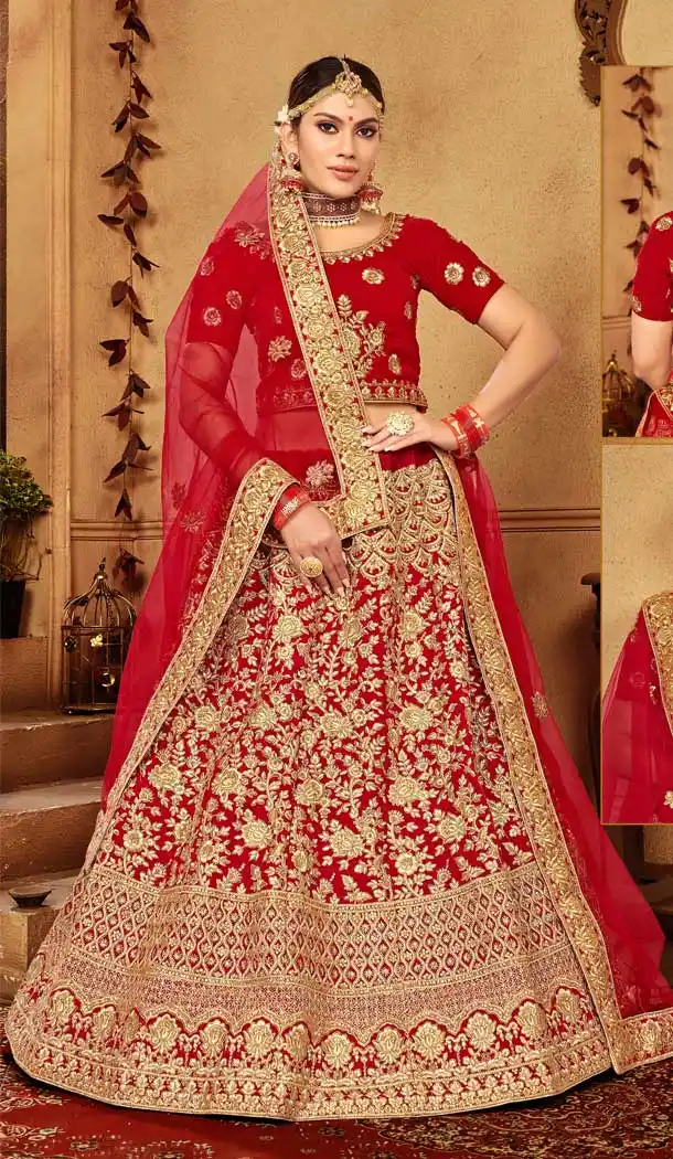 Red Color Velvet Designer Sangeet Ceremony Wear Lehenga Choli -737191198