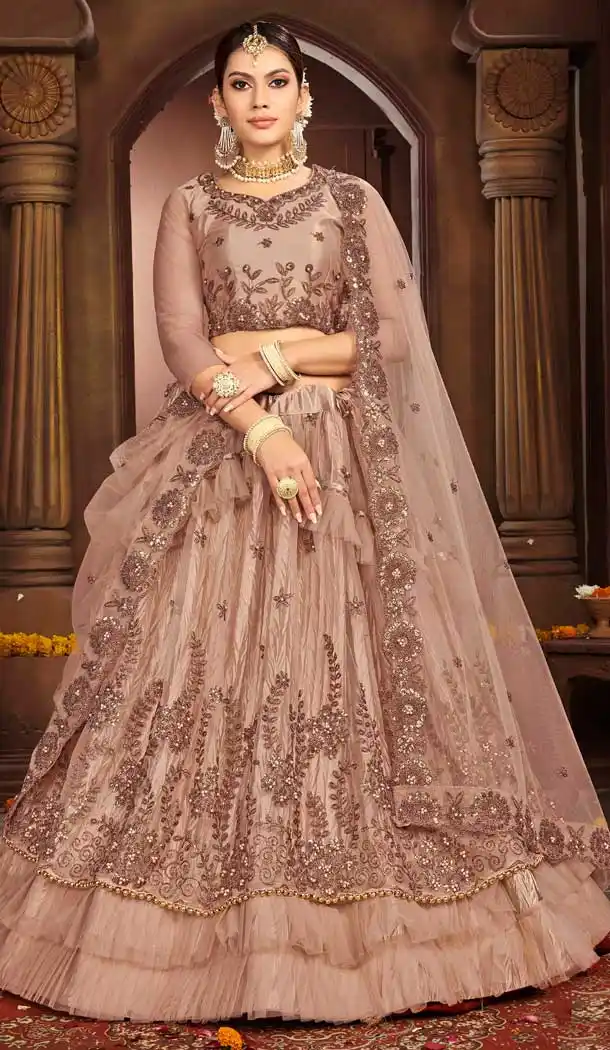 Beige Color Net Designer Sangeet Ceremony Wear Lehenga Choli -737191199