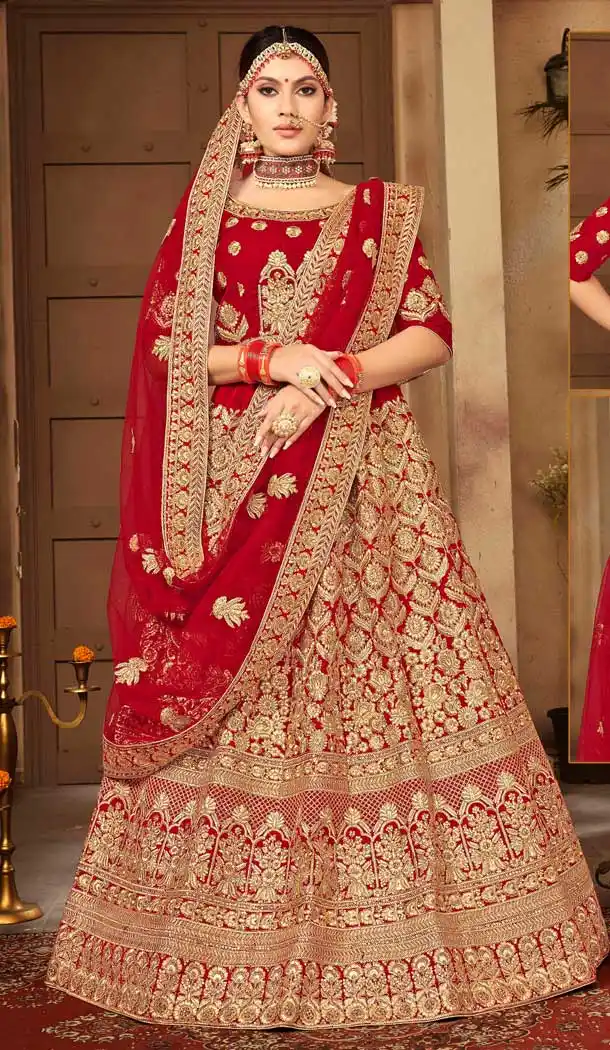 Red Color Velvet Designer Sangeet Ceremony Wear Lehenga Choli -737191203