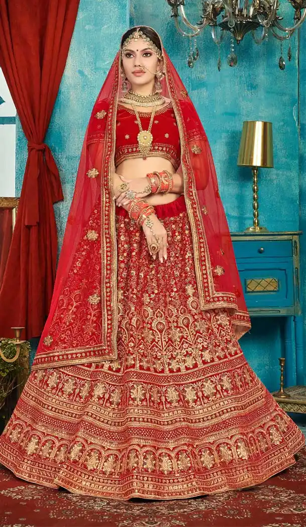Red Color Velvet Designer Sangeet Ceremony Wear Lehenga Choli -737191205