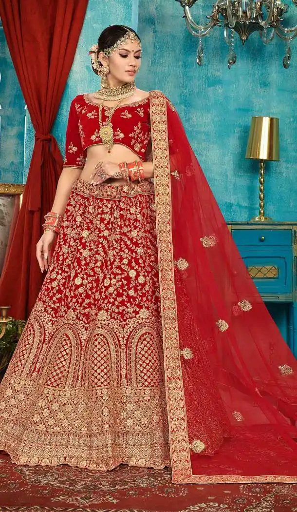 Red Color Velvet Designer Sangeet Ceremony Wear Lehenga Choli -737191206