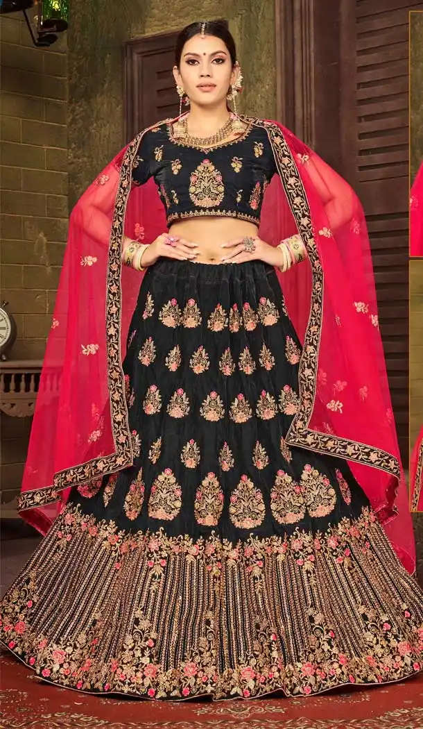 Black Color Velvet Designer Sangeet Ceremony Wear Lehenga Choli -737191208